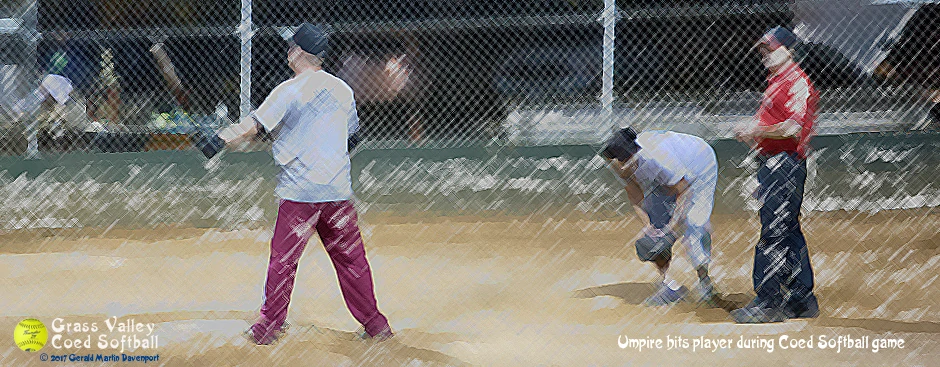 Softball field with batter, catcher, and umpire artistically altered with brush-strokes