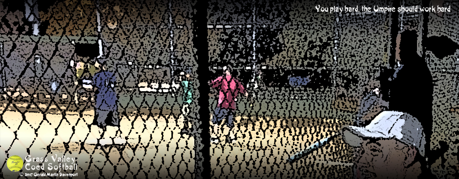 Artistically altered batter, catcher, and umpire behind fence with a fan watching.