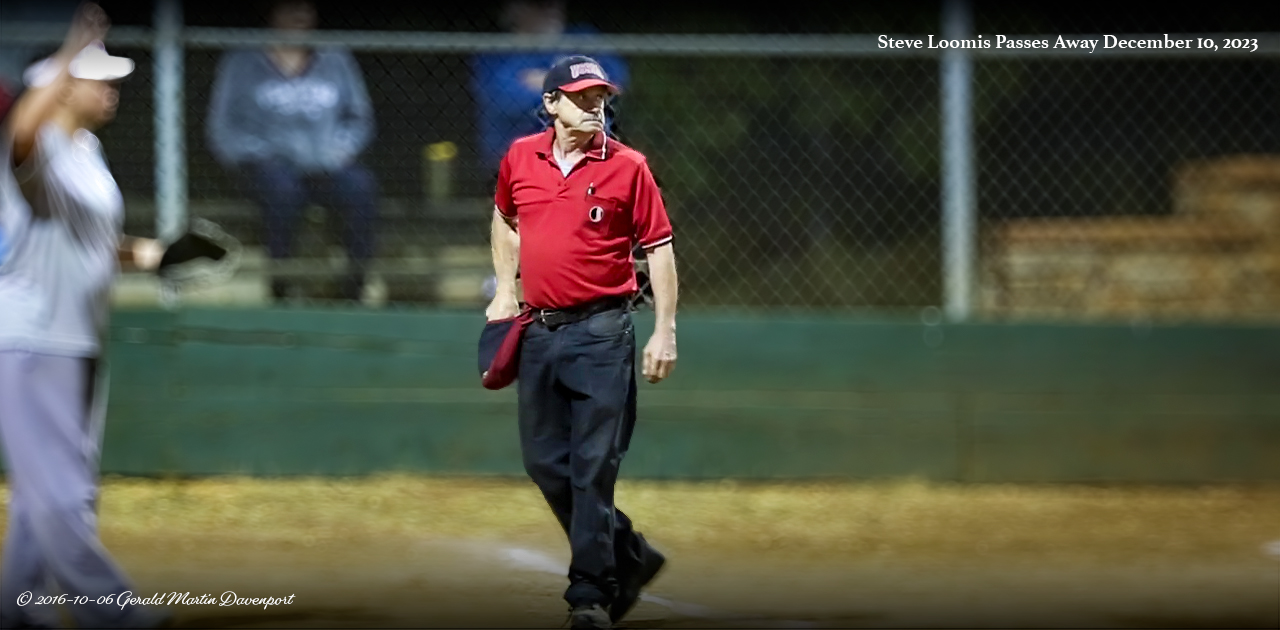 Steve Loomis in umpire uniform on the Litton ballfield.
