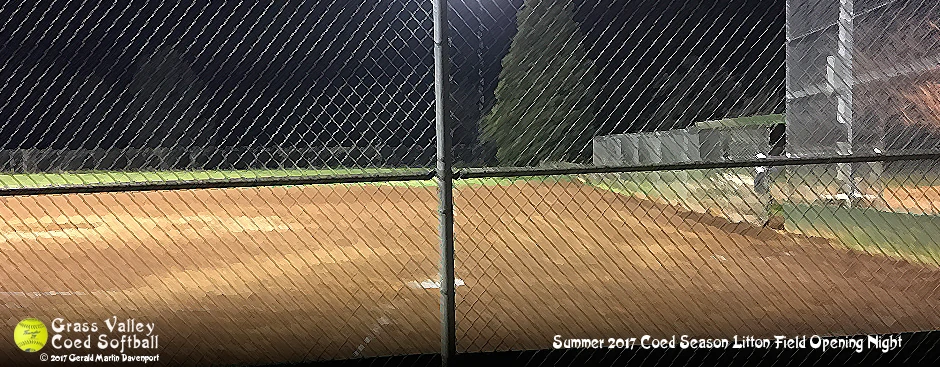 Empty Litton softball field at night with lights on in Grass Valley, California.